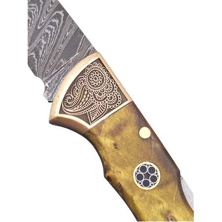 Damascus Stabilize Kabze Gravürlü Cep Çakısı