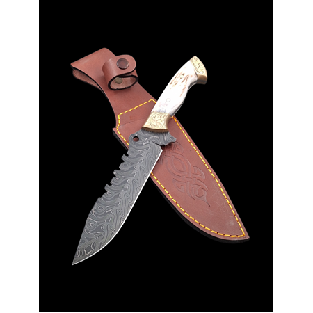 El Yapımı Geyik Boynuzu Kabzeli Gravür Balçıklı Damascus Kamp&Av Bıçağı