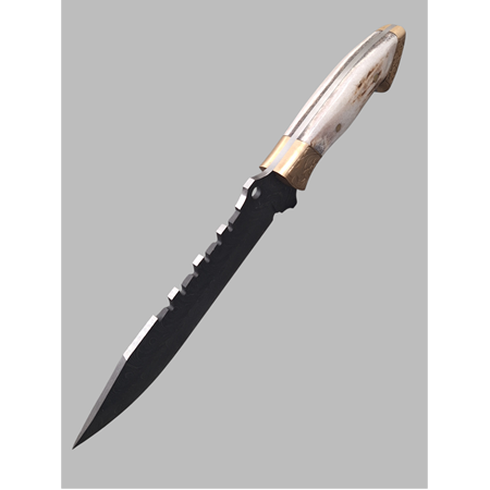 El Yapımı Geyik Boynuzu Kabzeli Gravür Balçıklı Damascus Kamp&Av Bıçağı