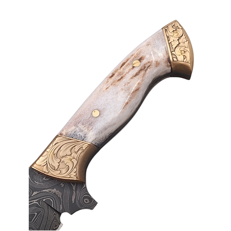 El Yapımı Geyik Boynuzu Kabzeli Gravür Balçıklı Damascus Kamp&Av Bıçağı