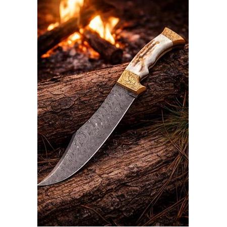 Geyik Boynuzu Kabzeli Şehzade Damascus Çift Balçıklı Gravürlü Koleksiyonluk Bıçak