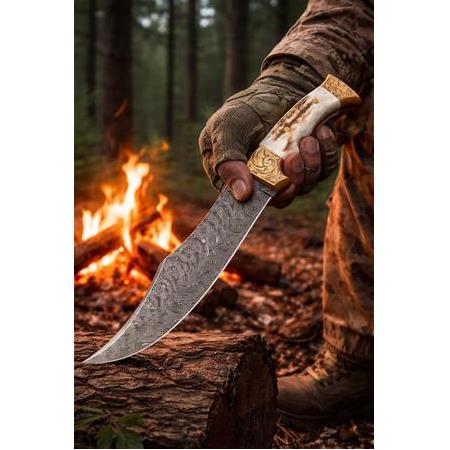 Geyik Boynuzu Kabzeli Şehzade Damascus Çift Balçıklı Gravürlü Koleksiyonluk Bıçak