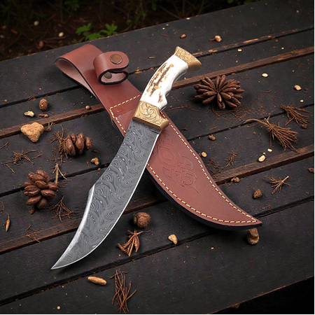 Geyik Boynuzu Kabzeli Şehzade Damascus Çift Balçıklı Gravürlü Koleksiyonluk Bıçak