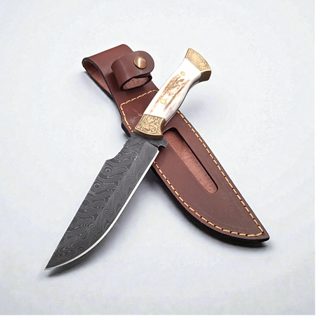 Damascus bıçak, geyik boynuzu kabze, gravürlü bıçak