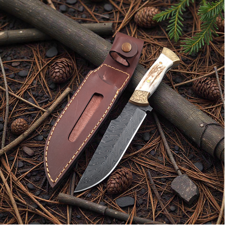 Damascus bıçak, geyik boynuzu kabze, gravürlü bıçak