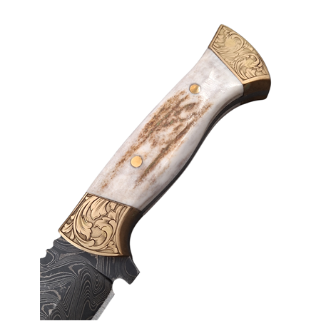 Damascus bıçak, geyik boynuzu kabze, gravürlü bıçak