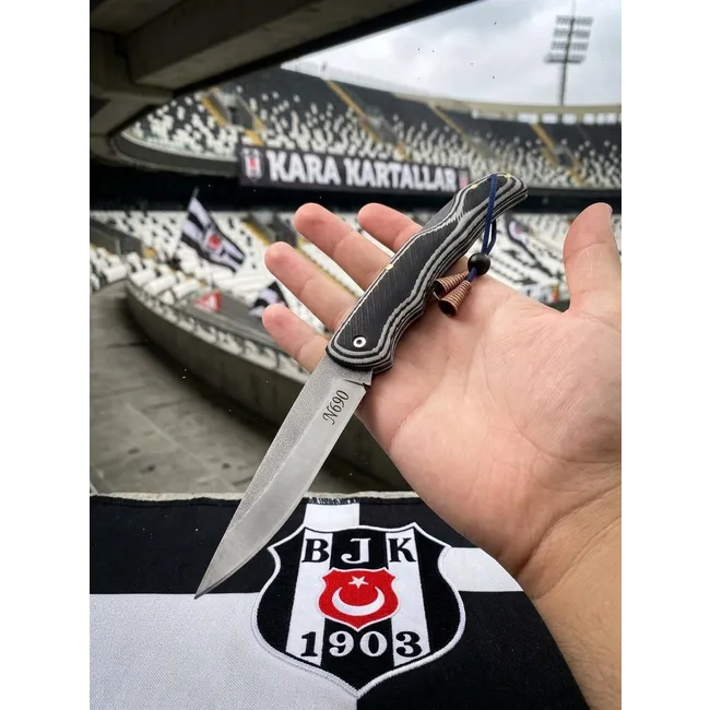 N690 Çelik Siyah Beyaz Mikarta Saplı Kılıflı Taraftar Çakısı