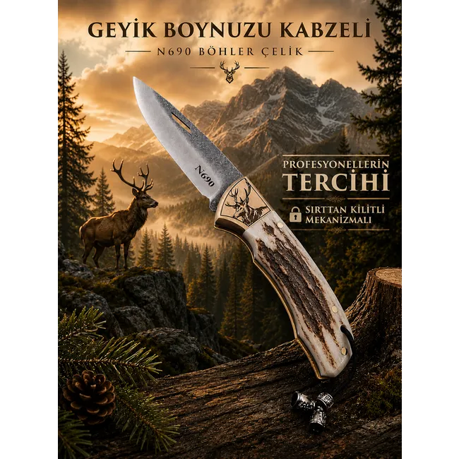 El Yapımı Geyik Boynuzu saplı N690 Böhler Çelik Kilitli Çakı