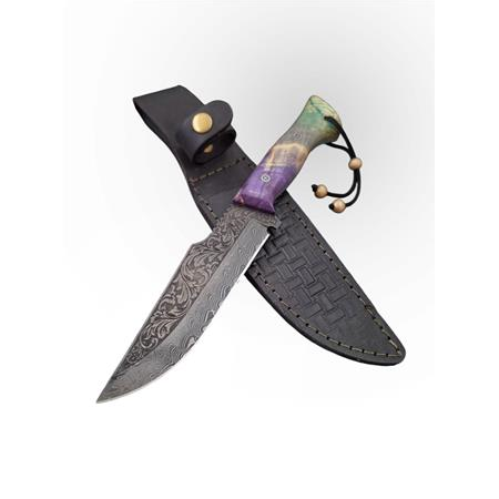 Özel Yapım Gravürlü Stabilize Kabze Damascus Kampçı Avcı Bıçağı