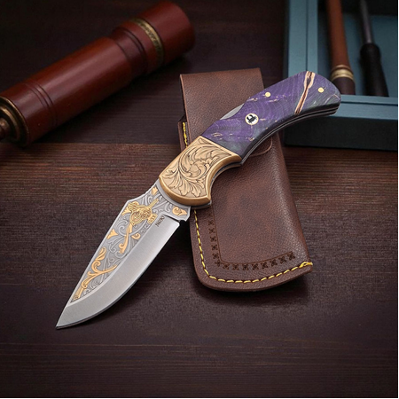 Koleksiyonluk Şaheser: Stabilize Kabzeli Gravürlü Altın İşlemeli Çakı