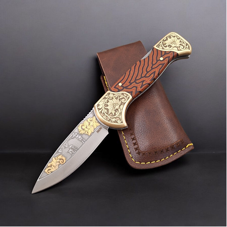 El Yapımı 24 Ayar Altın İşlemeli Gravürlü Kilitli Yaylı Cep Çakısı