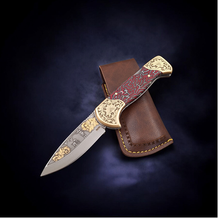 El Yapımı 24 Ayar Altın İşlemeli Gravürlü Kilitli Yaylı Cep Çakısı