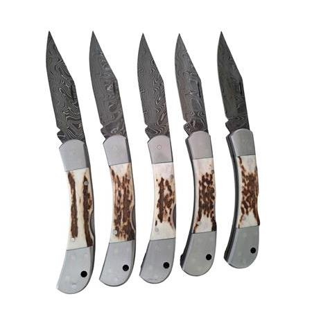 El yapımı Geyik Boynuzu Damascus Kilitli Yaylı Cep Çakısı