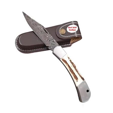 El yapımı Geyik Boynuzu Damascus Kilitli Yaylı Cep Çakısı